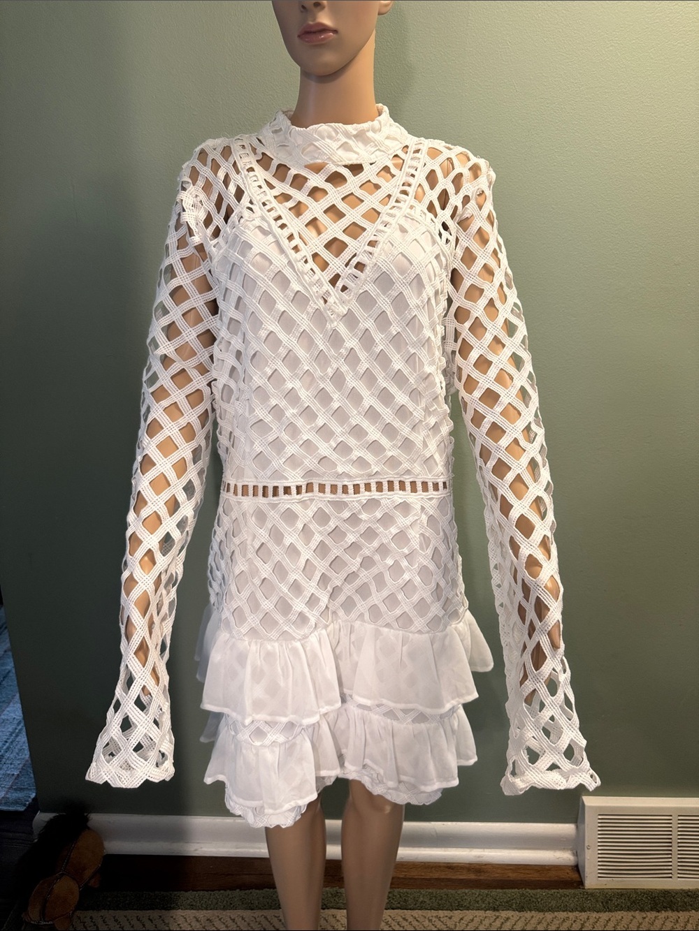 Boohoo White Lattice Crochet Ruffle Mini Dress